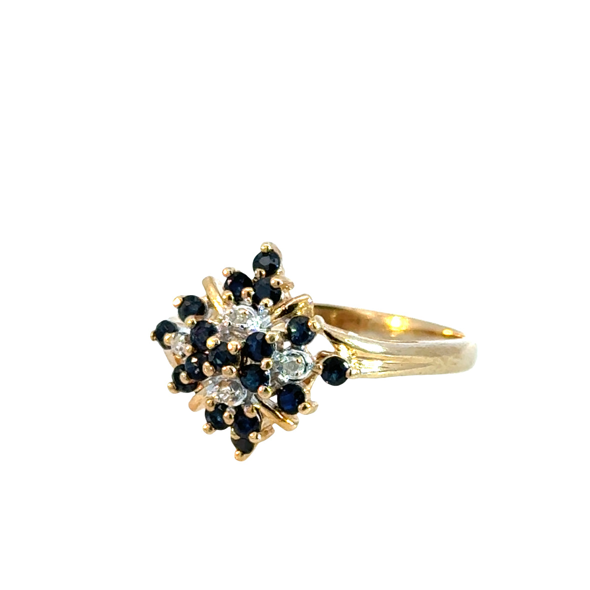 Vintage 14K Yellow Gold Sapphire & Diamond Cluster Ring, 1980s Floral Starburst Design