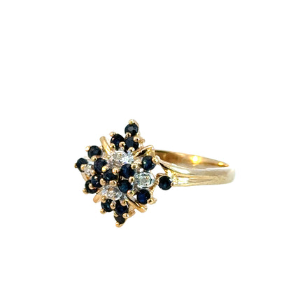 Vintage 14K Yellow Gold Sapphire & Diamond Cluster Ring, 1980s Floral Starburst Design