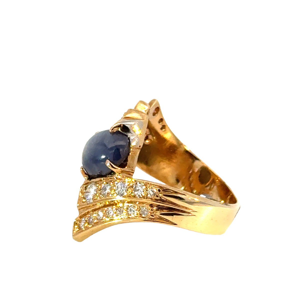 Modernist Sculptural Sapphire Cabochon & Diamond Ring in 14K Gold