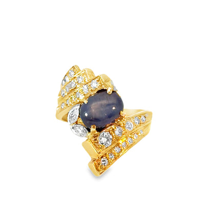 Modernist Sculptural Sapphire Cabochon & Diamond Ring in 14K Gold