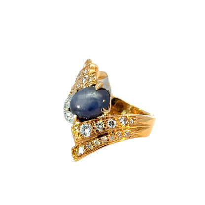 Modernist Sculptural Sapphire Cabochon & Diamond Ring in 14K Gold
