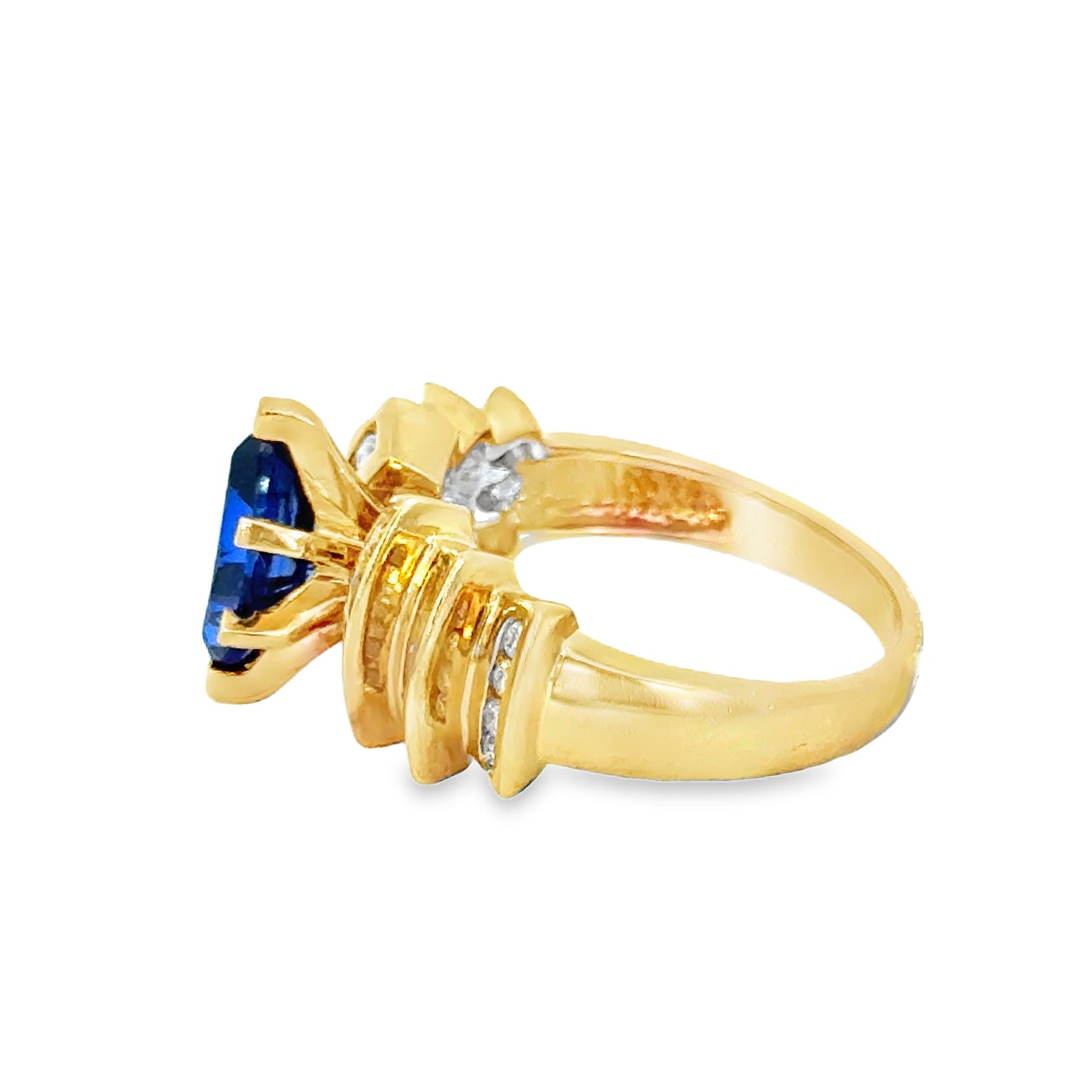 14K Yellow Gold Marquise Sapphire & Diamond Ring – Vintage Statement Design