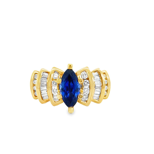 14K Yellow Gold Marquise Sapphire & Diamond Ring – Vintage Statement Design