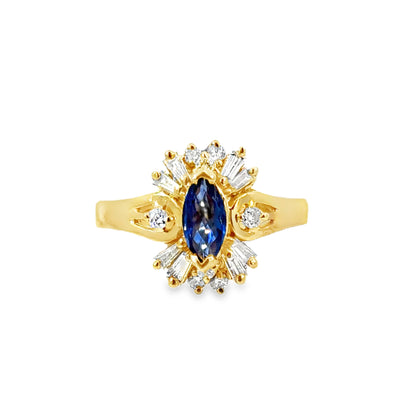 14K Gold Sapphire and Diamond Ring – Marquise Cluster Design