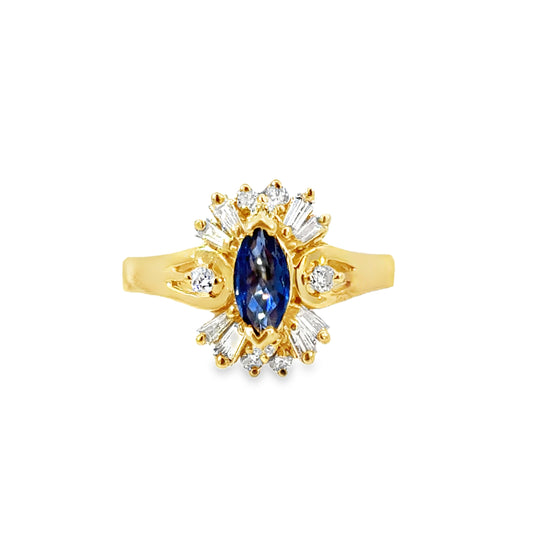 14K Gold Sapphire and Diamond Ring – Marquise Cluster Design