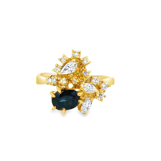 Sculptural 18K Yellow Gold Sapphire and Diamond Design Ring