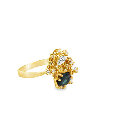 Sculptural 18K Yellow Gold Sapphire and Diamond Design Ring