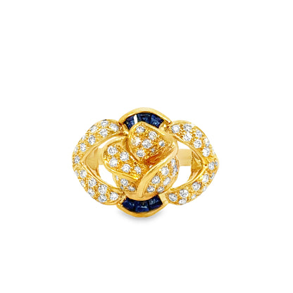 18K Yellow Gold Diamond & Sapphire Sculptural Knot-Motif Cocktail Ring