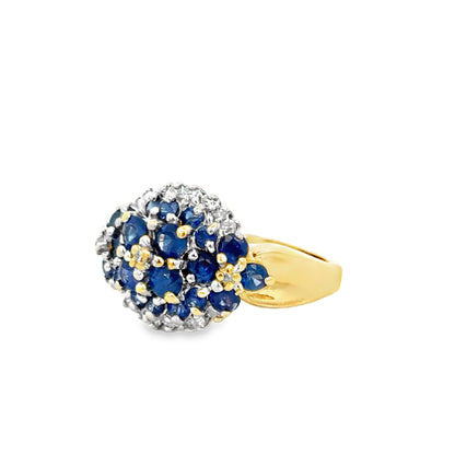 14K Yellow Gold 1980’s Sapphire & Diamond Cluster Ring