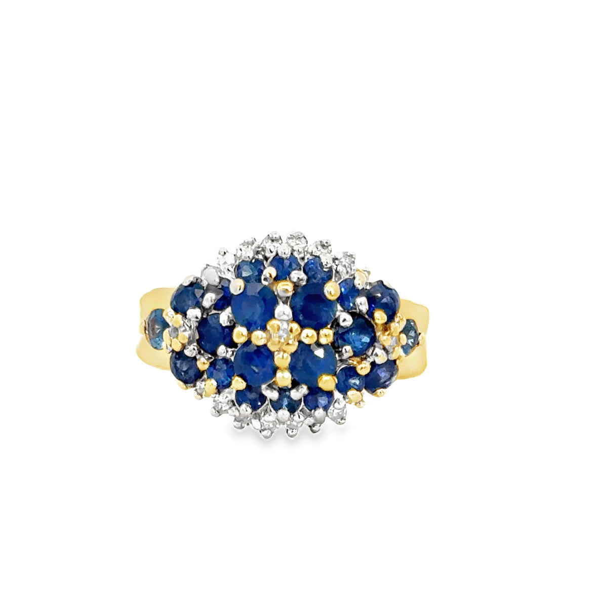 14K Yellow Gold 1980’s Sapphire & Diamond Cluster Ring