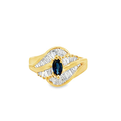 Statement 1980’s Sapphire & Diamond Cocktail Ring in 14K Yellow Gold