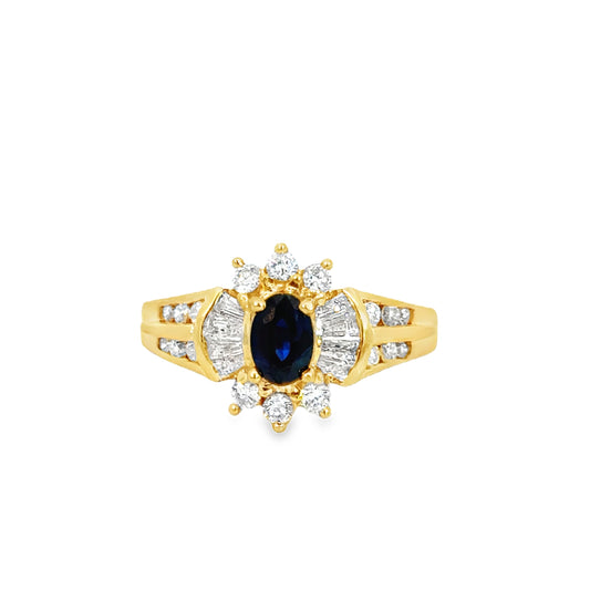 14K Yellow Gold Ring with Sapphire & Diamonds – Vintage 1980’s Glamour