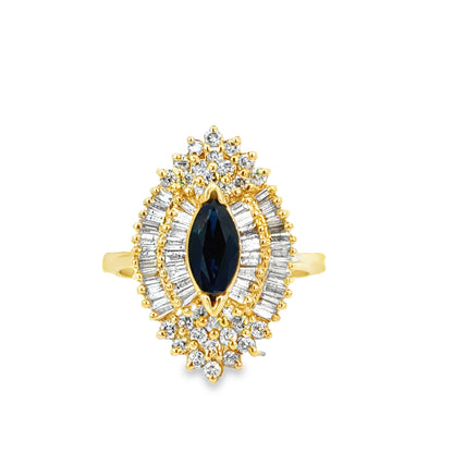 14K Yellow Gold Marquise Sapphire & Diamond Cluster Ring – 1990’s Vintage Elegance