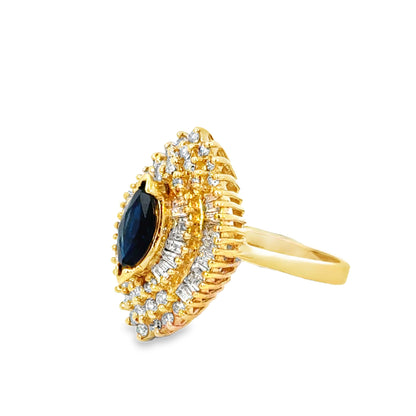 14K Yellow Gold Marquise Sapphire & Diamond Cluster Ring – 1990’s Vintage Elegance
