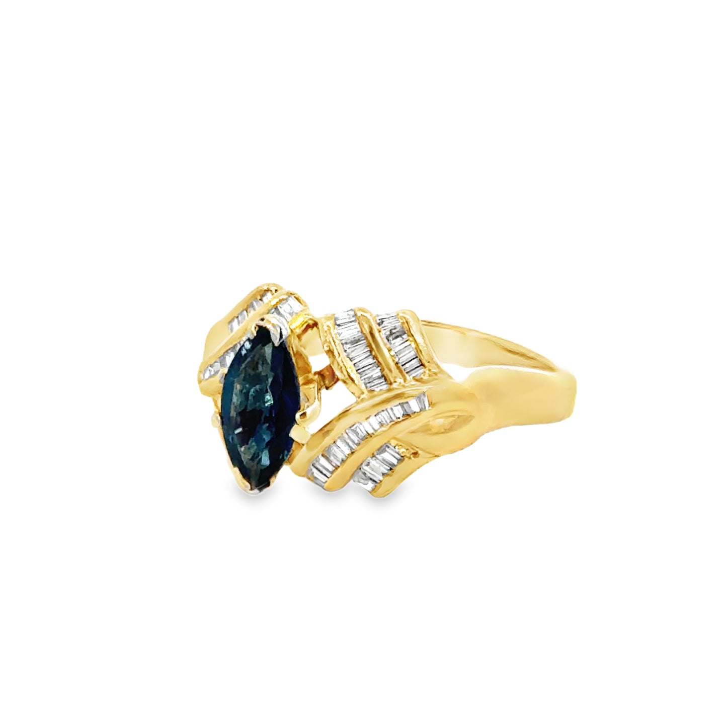 14K Yellow Gold Marquise Sapphire & Diamond Baguette Ring