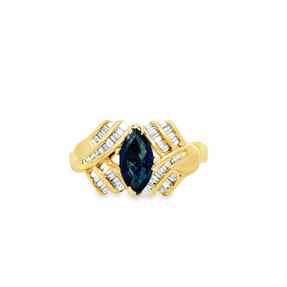 14K Yellow Gold Marquise Sapphire & Diamond Baguette Ring
