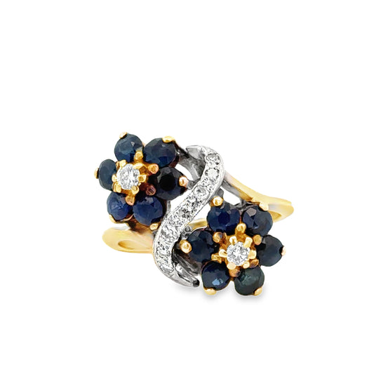 14K Yellow Gold Sapphire & Diamond Floral Ribbon Ring