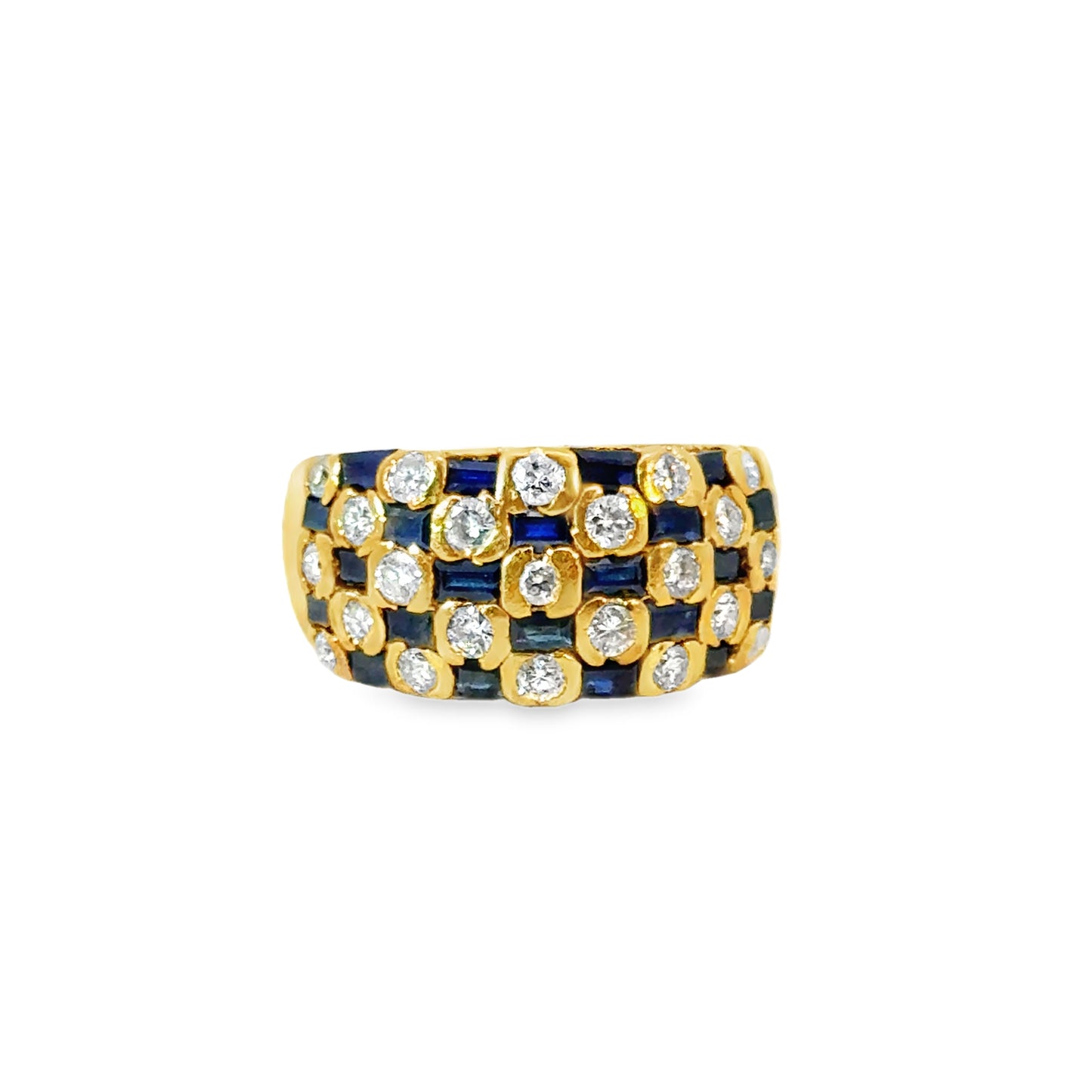 18K Yellow Gold Checkerboard Style Diamond & Sapphire Band Ring