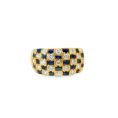 18K Yellow Gold Checkerboard Style Diamond & Sapphire Band Ring