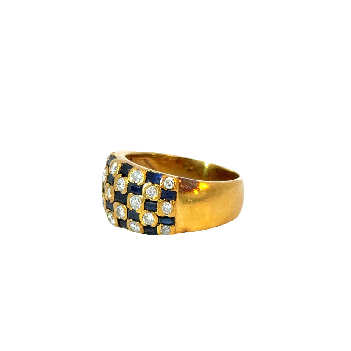 18K Yellow Gold Checkerboard Style Diamond & Sapphire Band Ring