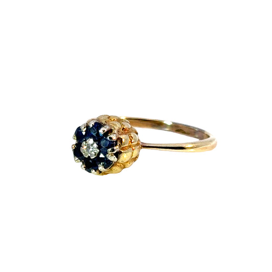 Retro 18K Yellow Gold Sapphire & Diamond Flower Bud Ring
