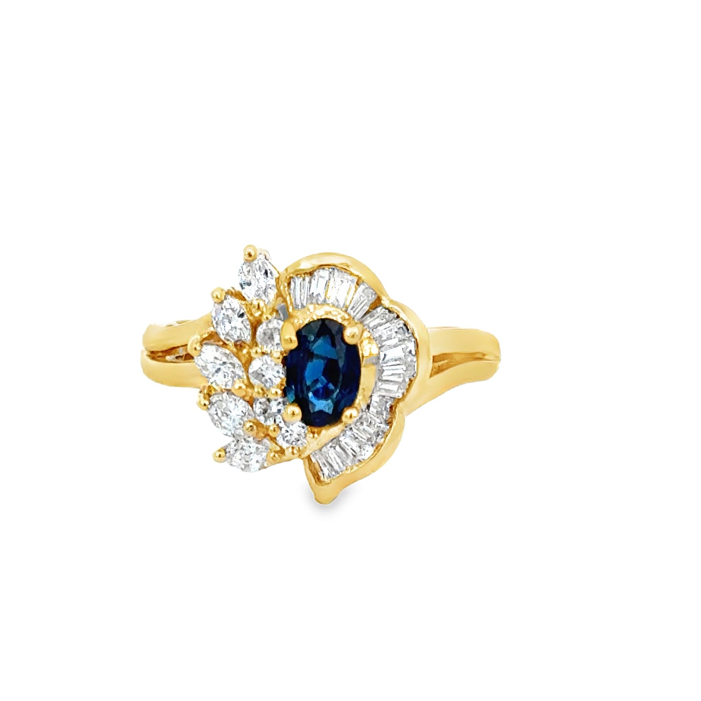 14K Yellow Gold Sapphire & Diamond Floral Cocktail Ring – Vintage 1980’s