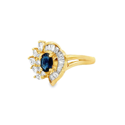 14K Yellow Gold Sapphire & Diamond Floral Cocktail Ring – Vintage 1980’s