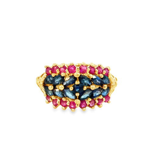 14K Yellow Gold Bold Sapphire and Ruby Cluster Ring