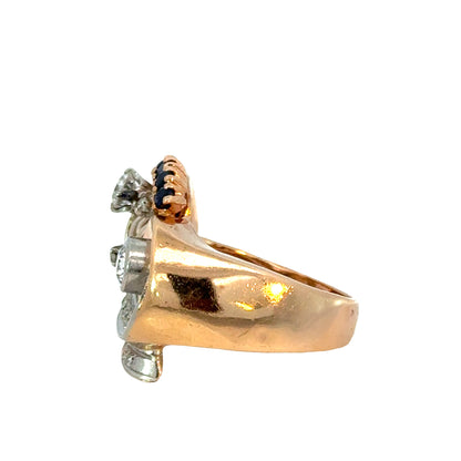 Sculptural Retro 18K Gold Diamond & Sapphire Ring, Mid-Century Design