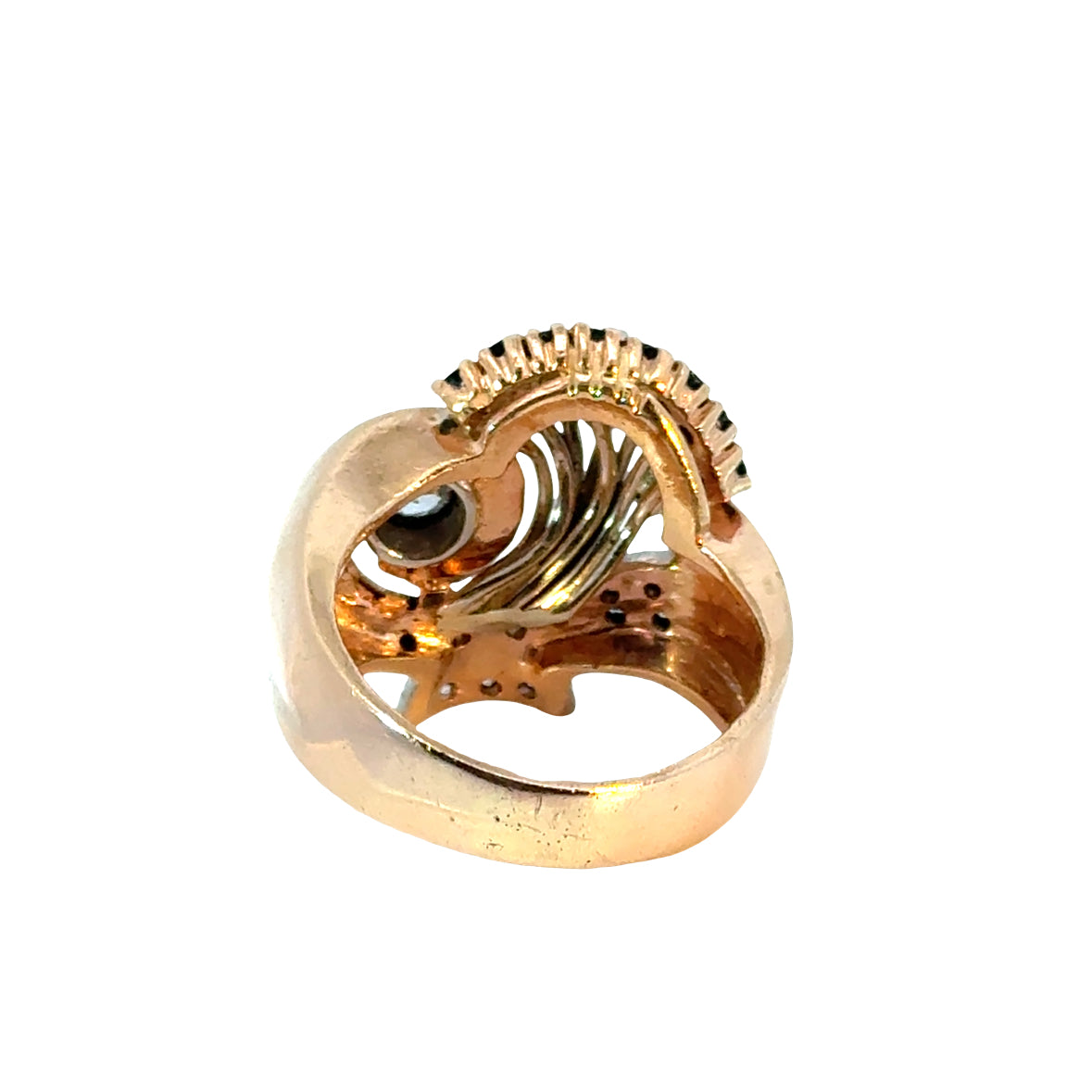 Sculptural Retro 18K Gold Diamond & Sapphire Ring, Mid-Century Design
