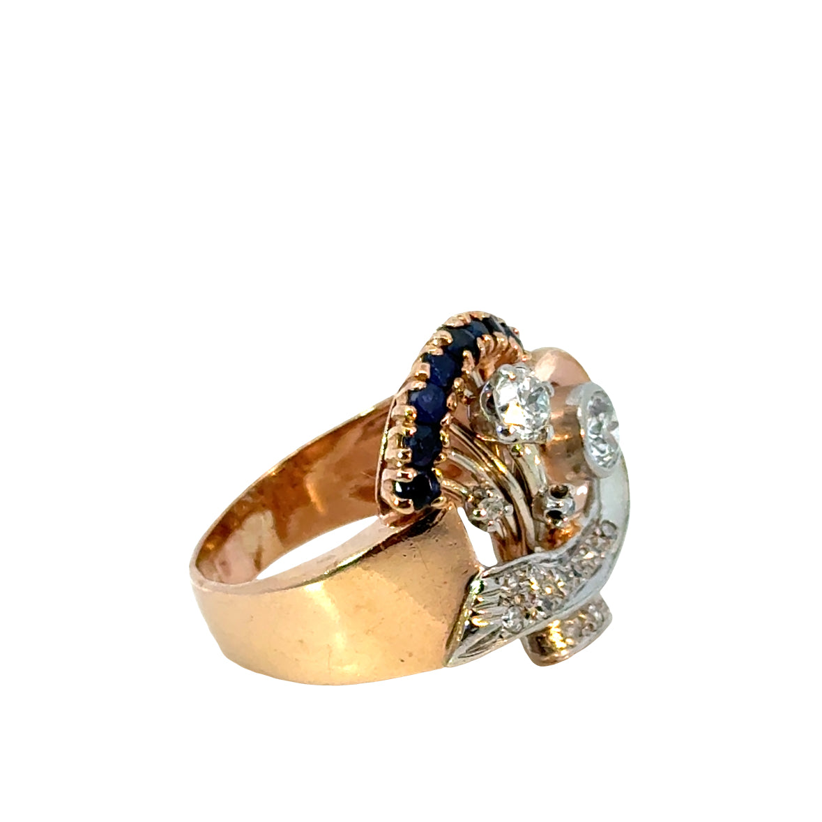 Sculptural Retro 18K Gold Diamond & Sapphire Ring, Mid-Century Design