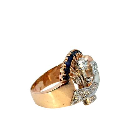 Sculptural Retro 18K Gold Diamond & Sapphire Ring, Mid-Century Design