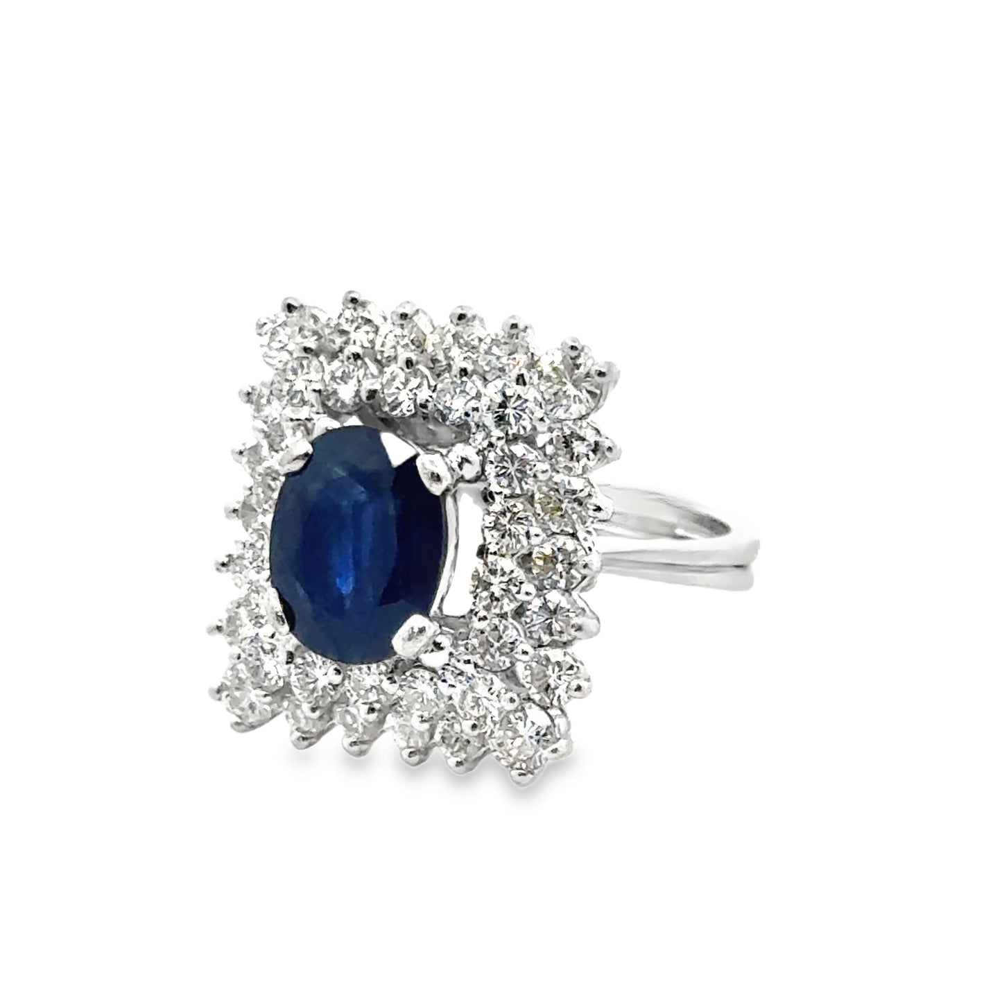 14K White Gold Glamorous 1980’s Sapphire Diamond Ring – Rectangular Cluster Design