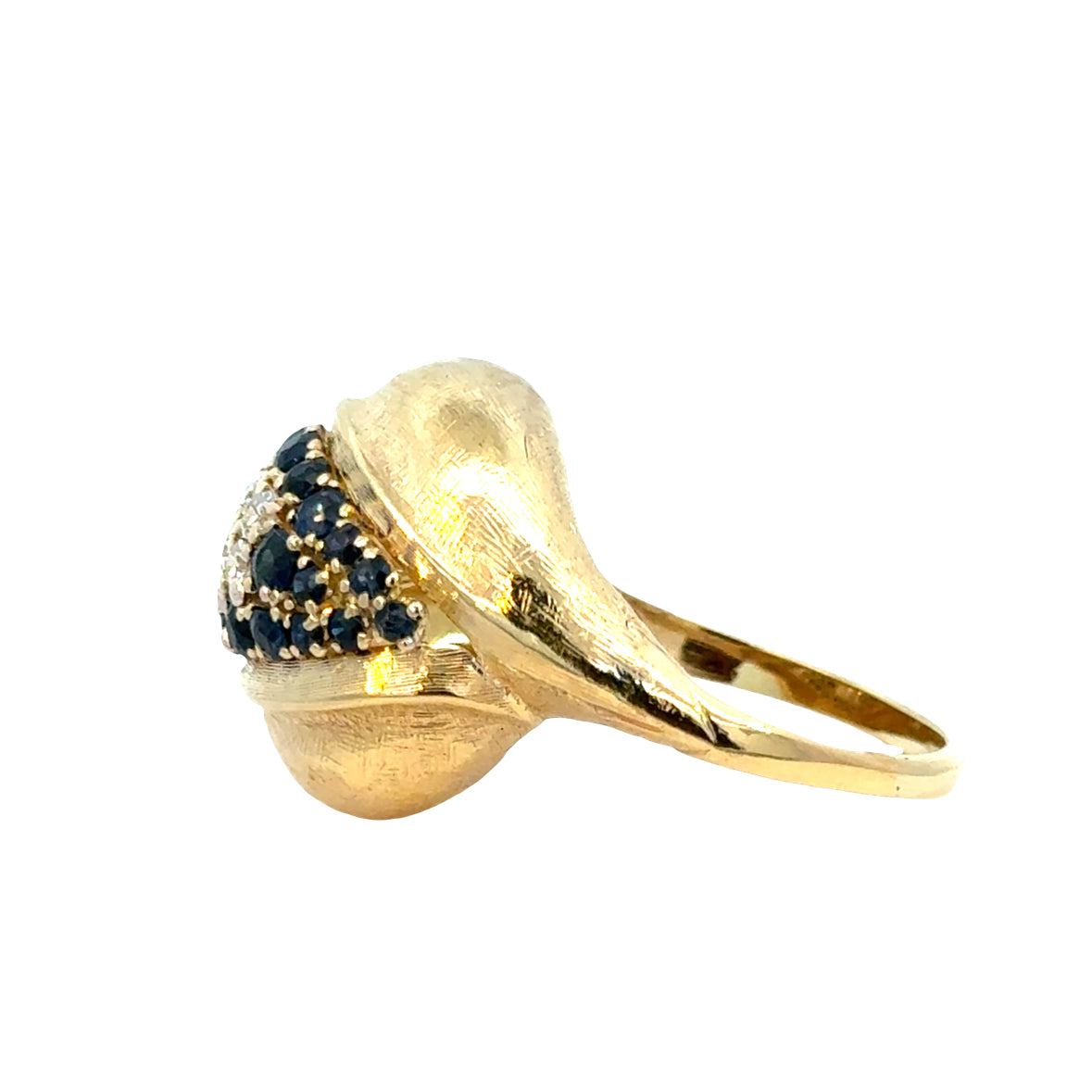 18K Textured Yellow Gold Sapphire & Diamond “Floral Bud” Ring – 1960’s Vintage Design