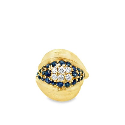 18K Textured Yellow Gold Sapphire & Diamond “Floral Bud” Ring – 1960’s Vintage Design