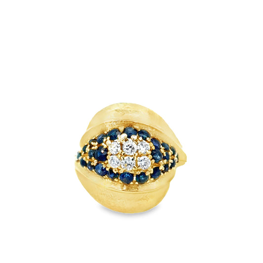18K Textured Yellow Gold Sapphire & Diamond “Floral Bud” Ring – 1960’s Vintage Design