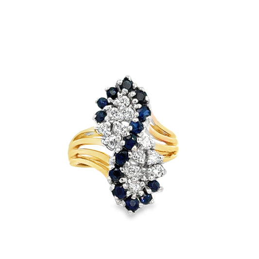14K Yellow Gold Sapphire & Diamond Elongated Cluster Statement Ring