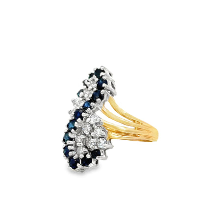 14K Yellow Gold Sapphire & Diamond Elongated Cluster Statement Ring