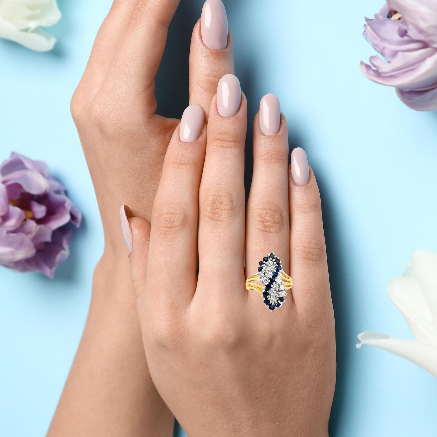 14K Yellow Gold Sapphire & Diamond Elongated Cluster Statement Ring