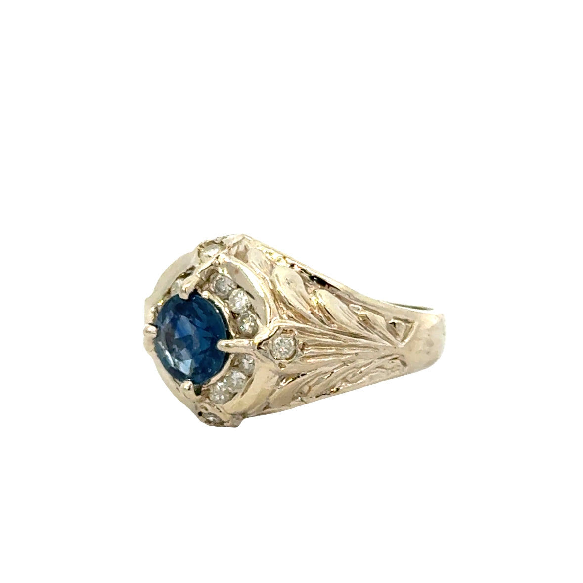 14K White Gold Sapphire Ring with Diamond Accents and Engraved Details