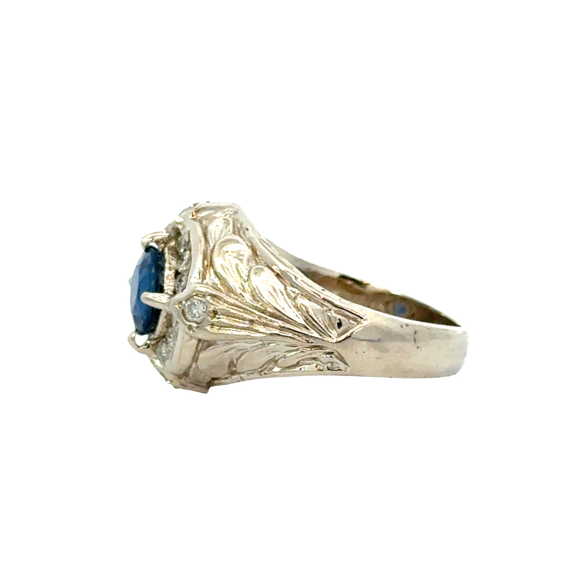 14K White Gold Sapphire Ring with Diamond Accents and Engraved Details