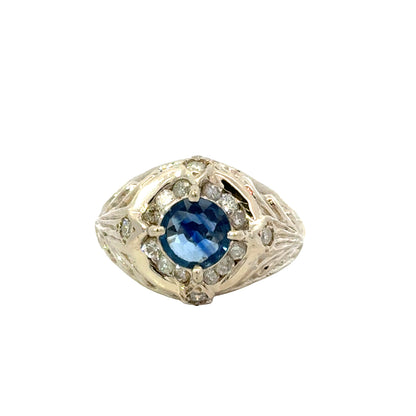 14K White Gold Sapphire Ring with Diamond Accents and Engraved Details