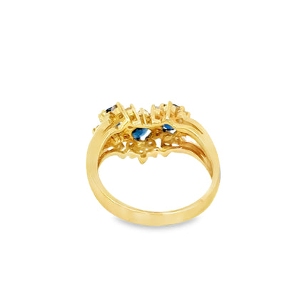 14K Gold Sapphire Trio Ring with Diamond Petals