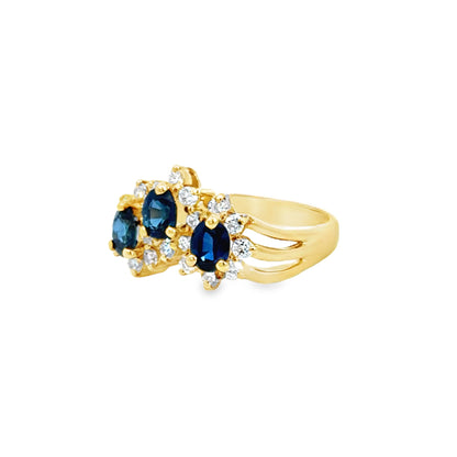 14K Gold Sapphire Trio Ring with Diamond Petals