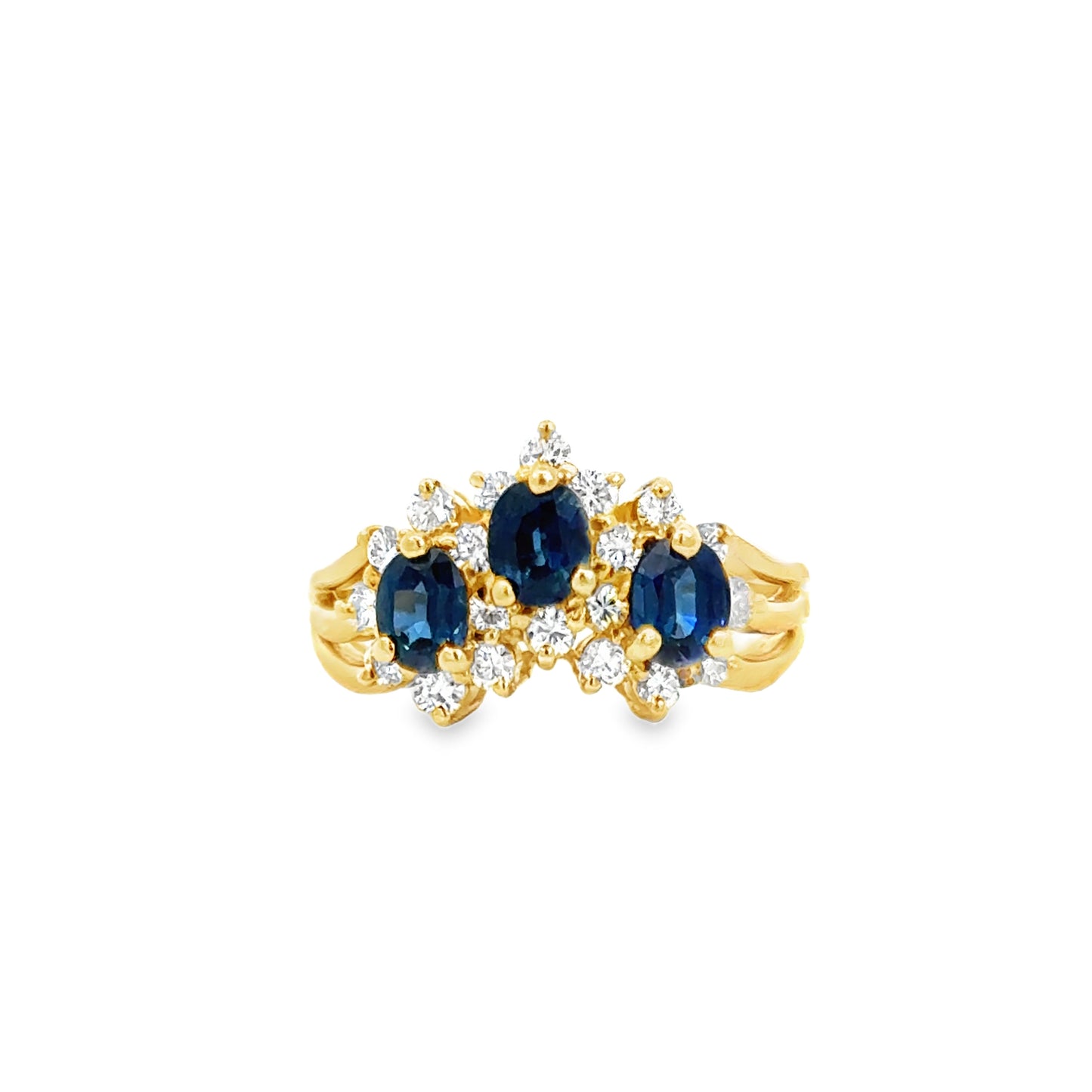 14K Gold Sapphire Trio Ring with Diamond Petals