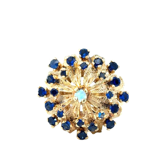 14K Yellow Gold Sapphire & Opal Floral Dome Ring – Vintage Design
