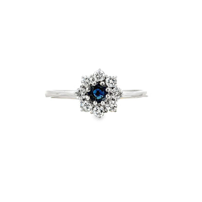 14K White Gold Blue Sapphire and Diamond Starburst Ring