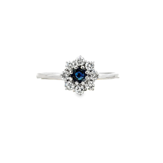 14K White Gold Blue Sapphire and Diamond Starburst Ring