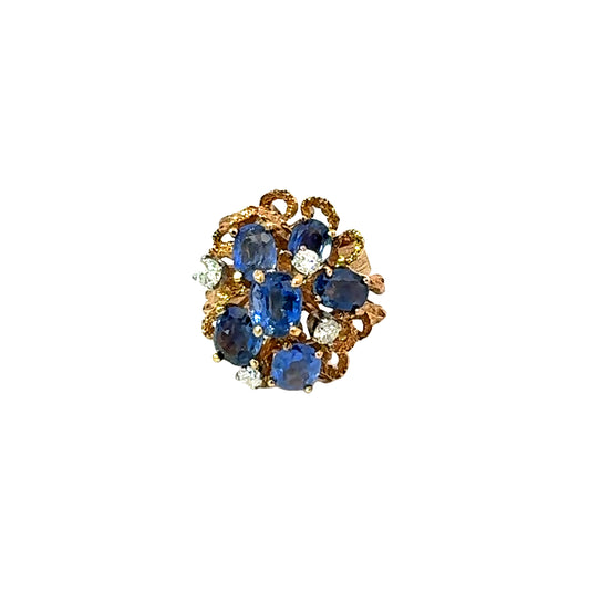 Exquisite Estate 14K Rose Gold Sapphire & Diamond Flower Dome Cluster Ring