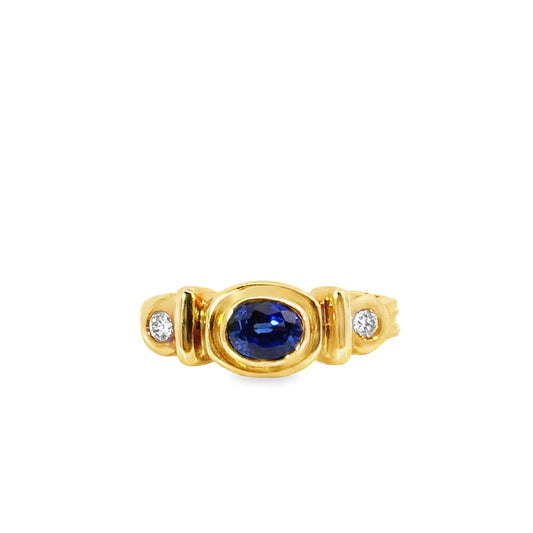 18K Gold Bezel-Set Sapphire Ring with Diamond Accents